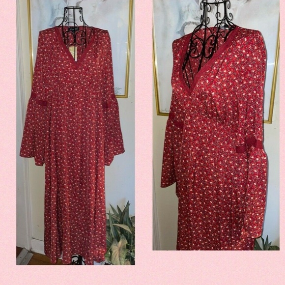 SUZANNE BETRO "RUST FLORAL LACE TRIM~MIDI DRESS~V-NECK~BELL SLEEVES~X-LARGE - Picture 7 of 9